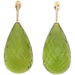 Faceted Green Amber Diamond Gold Drop Earrings
