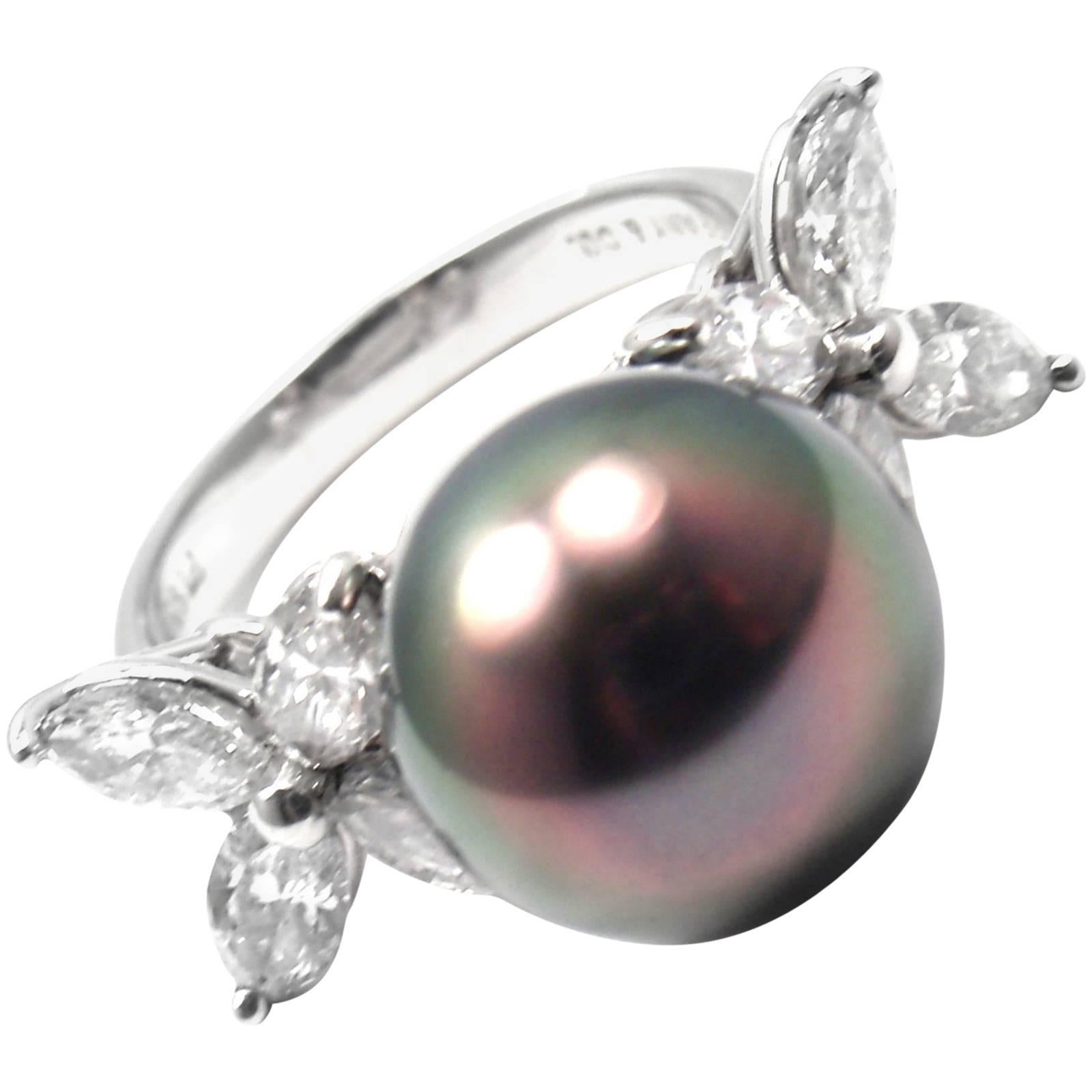 Tiffany & Co. Victoria Large Tahitian Pearl Diamond Platinum Ring