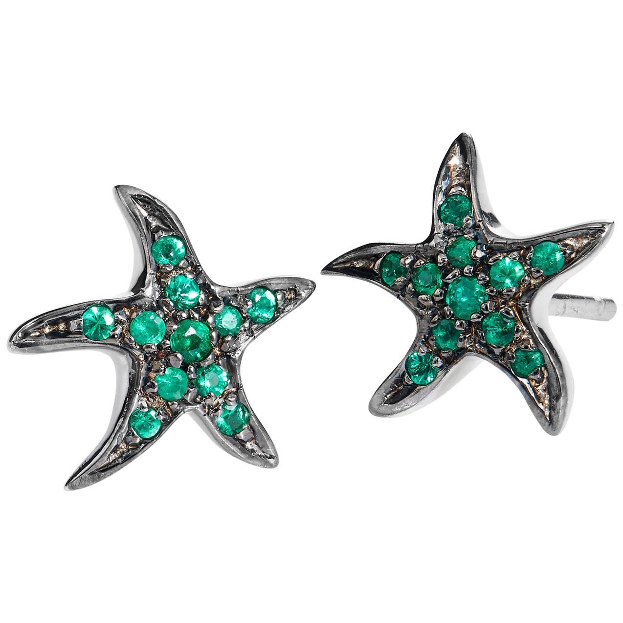 Emerald 18 kt White  Palladium Starfish Earrings 