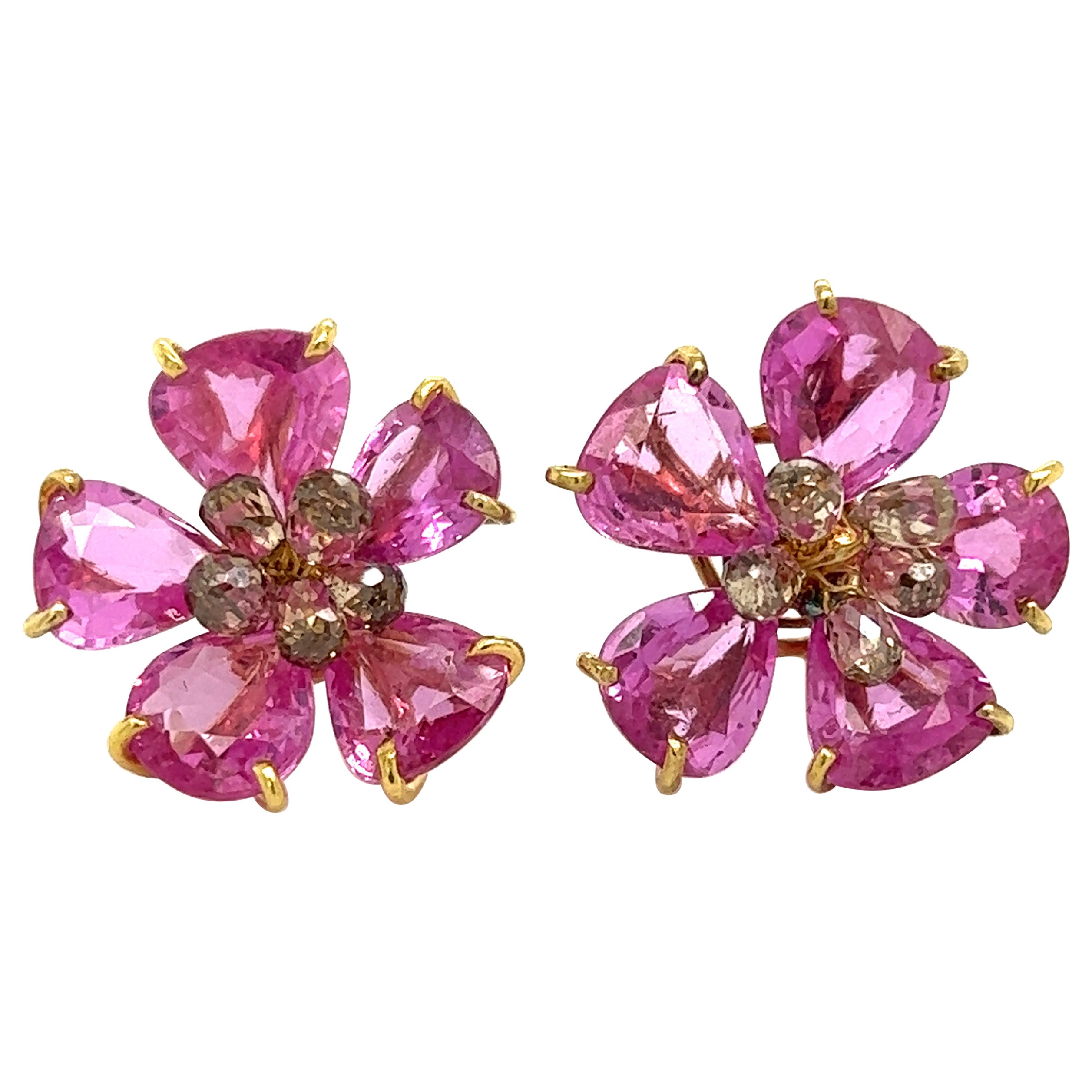 Pink Sapphire & Diamond Floral Earrings 18k Yellow Gold For Sale