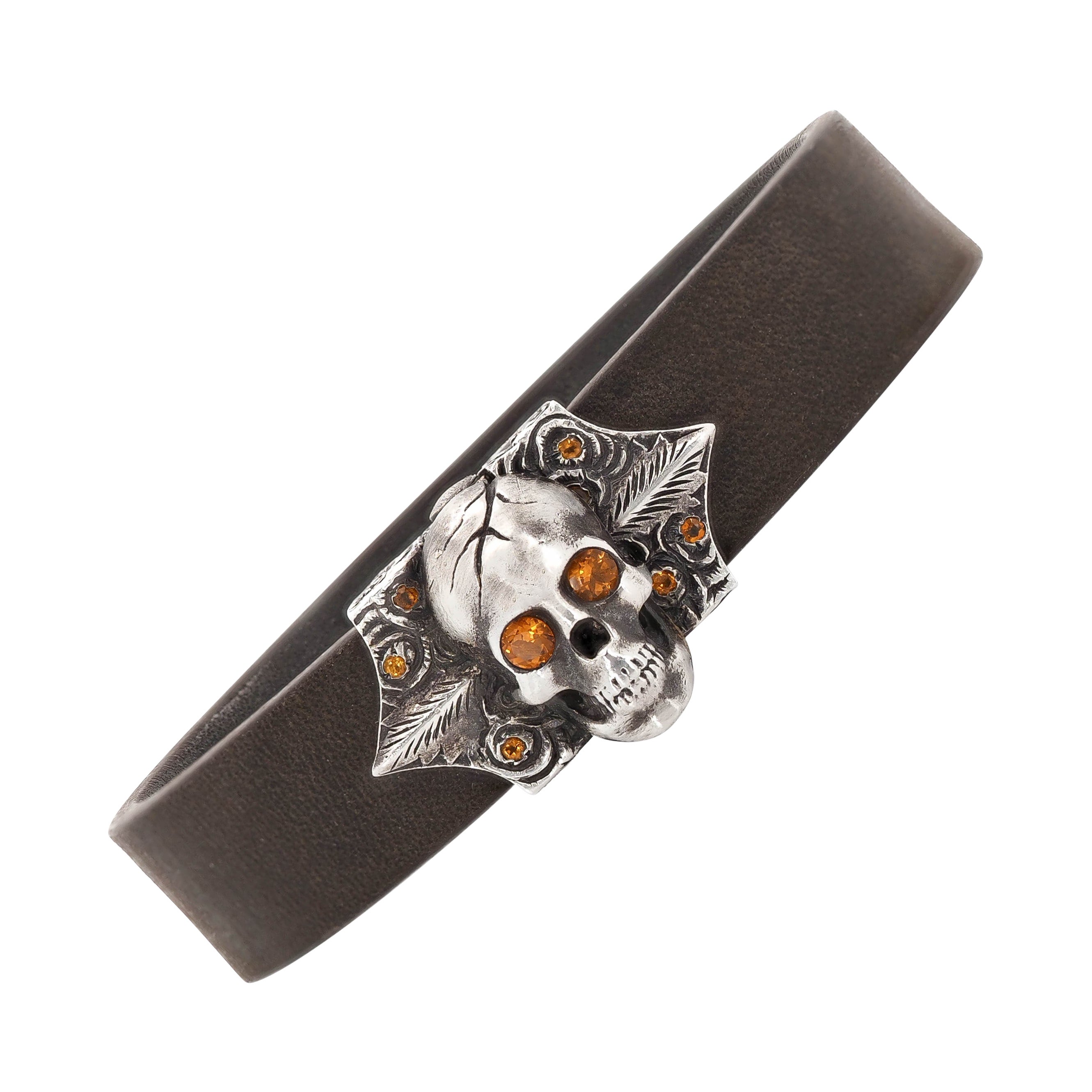 Taru Jewelry Skull and Roses Citrine Silver Leather Bracelet For Sale
