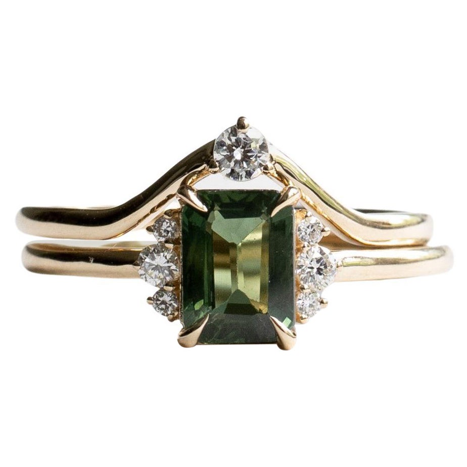 14k 1 Carat Green Sapphire Ring Set For Sale