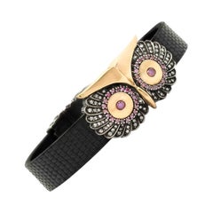 Taru Jewelry Owl Diamond Rose Gold Silver and Leather Bracelet