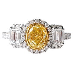 0.82 Carat Yellow Diamond Engagement 3 Stones Ring, 18k Yellow Gold
