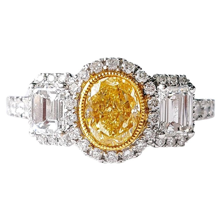 0.82 Carat Yellow Diamond Engagement 3 Stones Ring, 18k Yellow Gold For