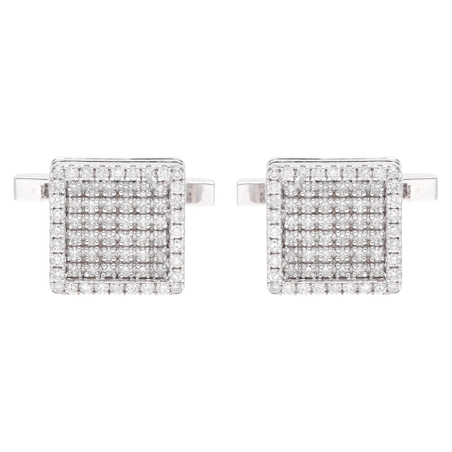 18 Karat White Gold 1.60 Carat Pave Set Diamond Square Cufflink Men's Jewelry For Sale