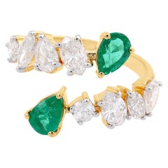 Poire Emeraude Gemstone Cuff Wrap Ring Diamond 14k Yellow Gold Handmade Jewelry
