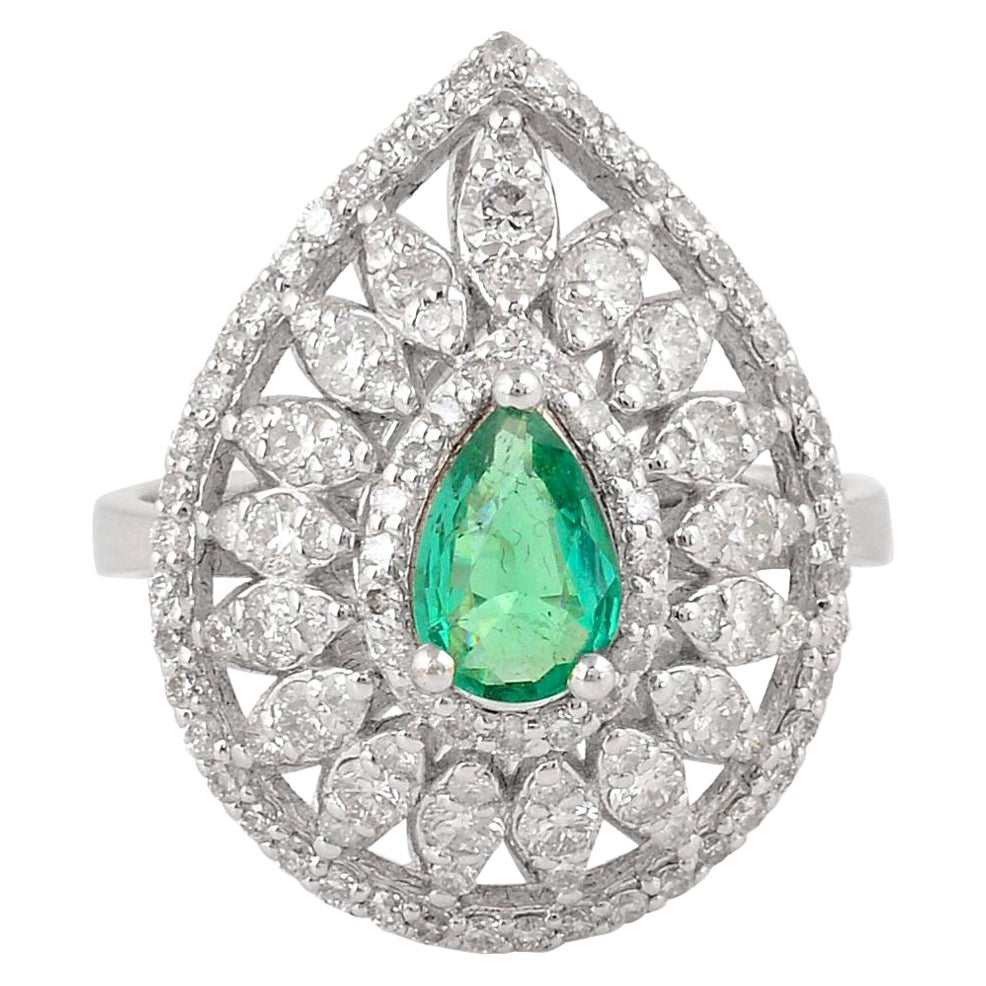 Real Pear Zambian Emerald Gemstone Cocktail Ring Diamond 14k White Gold Jewelry