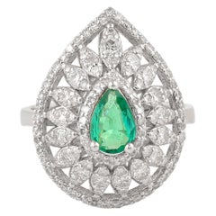 Used Real Pear Zambian Emerald Gemstone Cocktail Ring Diamond 14k White Gold Jewelry