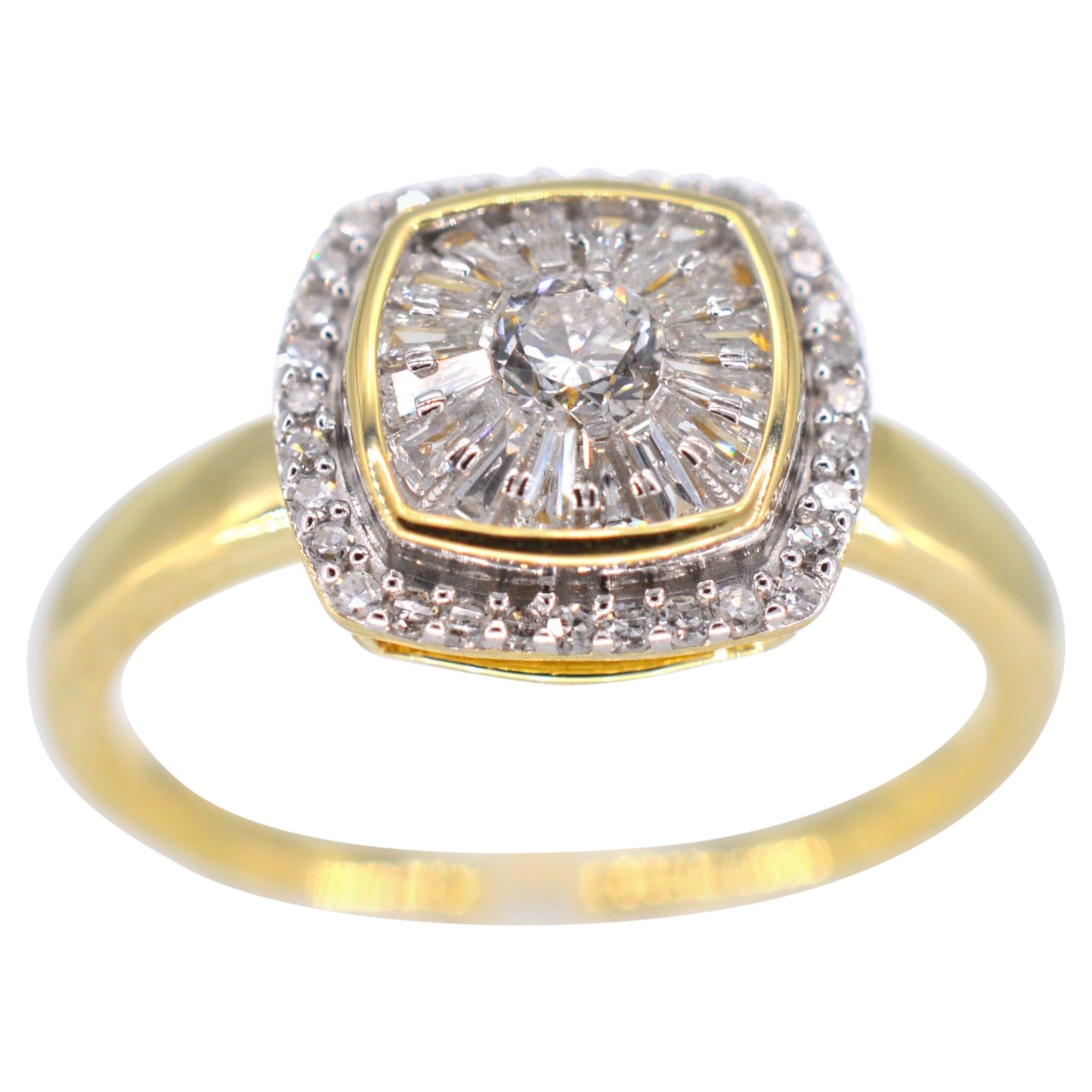 Gold Entourage Ring with Brilliant and Baguette Cut Diamonds For Sale