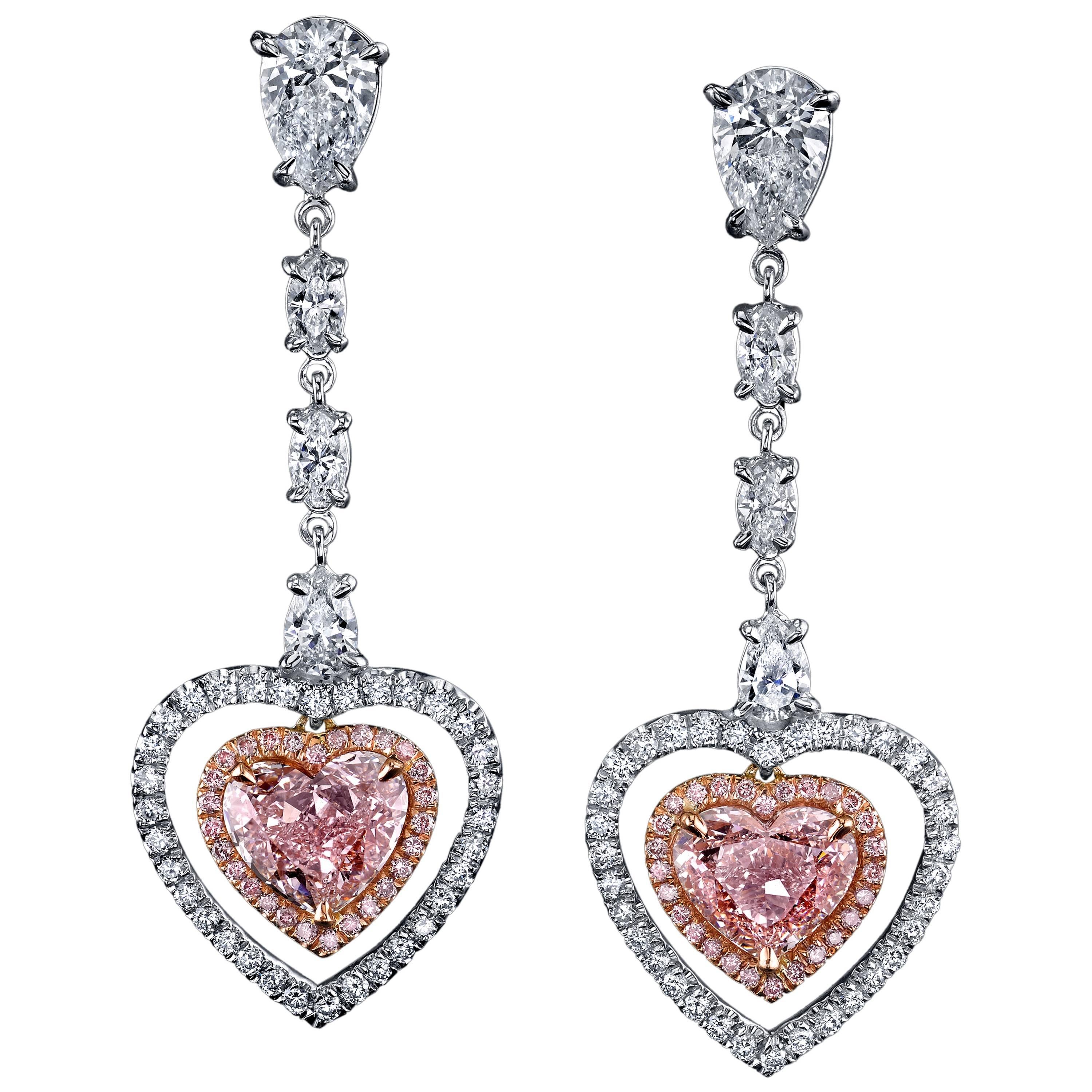 GIA Cert Pink Diamonds Two Color Gold Heart Shaped Dangling Earrings For Sale