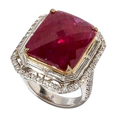 12.25 Carat Faceted Ruby Diamond White and Yellow Gold Cocktail Ring 