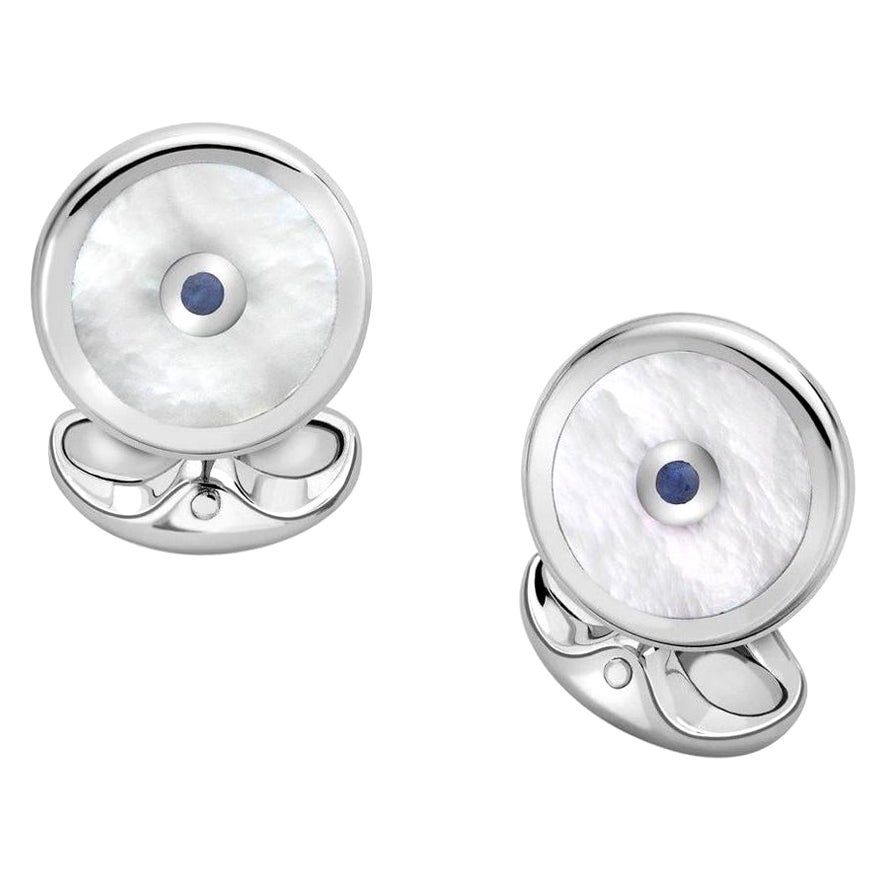 Boutons de manchette ronds en argent sterling avec nacre et saphir