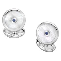 Boutons de manchette ronds en argent sterling avec nacre et saphir