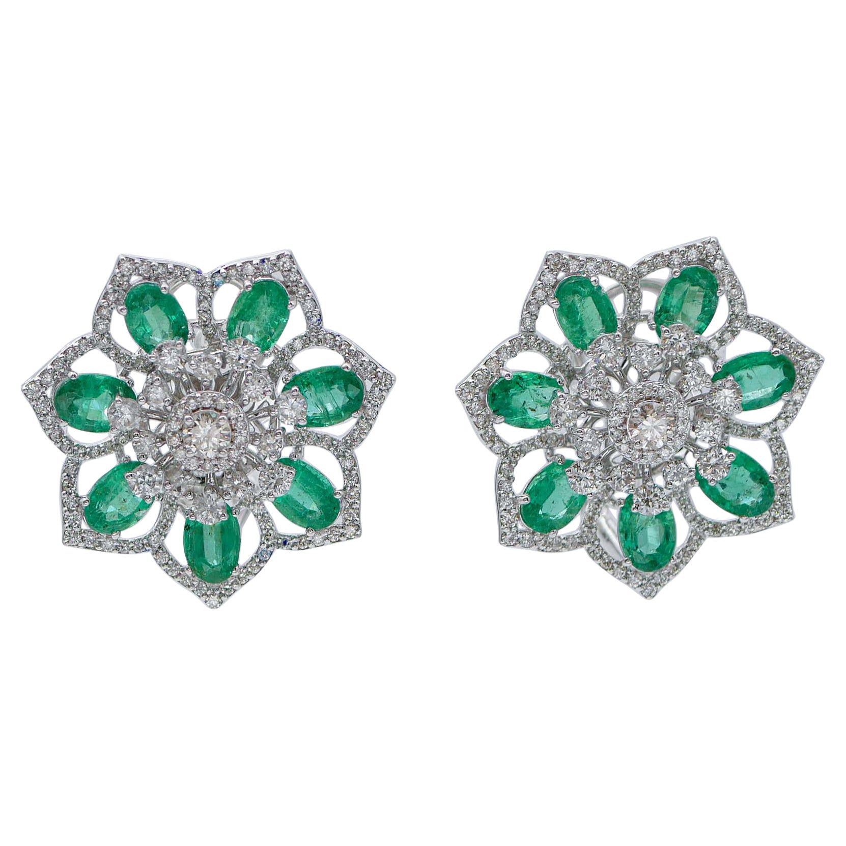 Emeralds, Diamonds, 14 Karat White Gold Flower Earrings For Sale