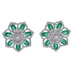 Vintage Emeralds, Diamonds, 14 Karat White Gold Flower Earrings