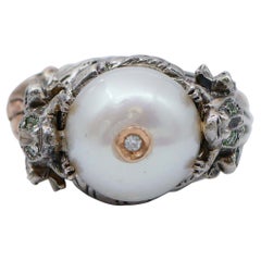 Vintage Pearl, Tsavorite, Diamonds, Rose Gold and Silver Retrò Ring