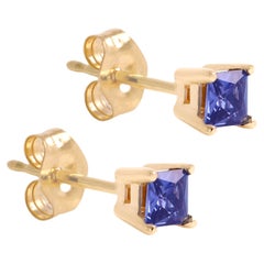 Blue Sapphire Earring Studs Mini Cute Size 14 Karat Yellow Gold, Natural Blue
