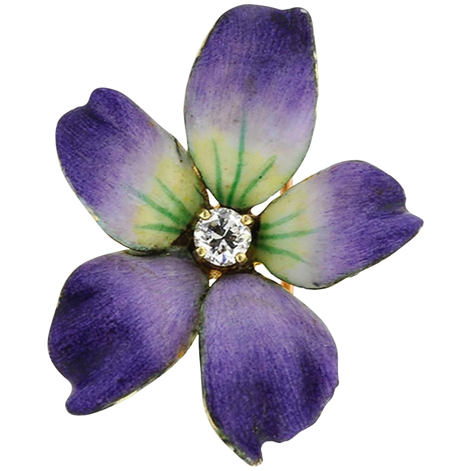 Art Nouveau Wild Violet Enamel Diamond Gold Brooch