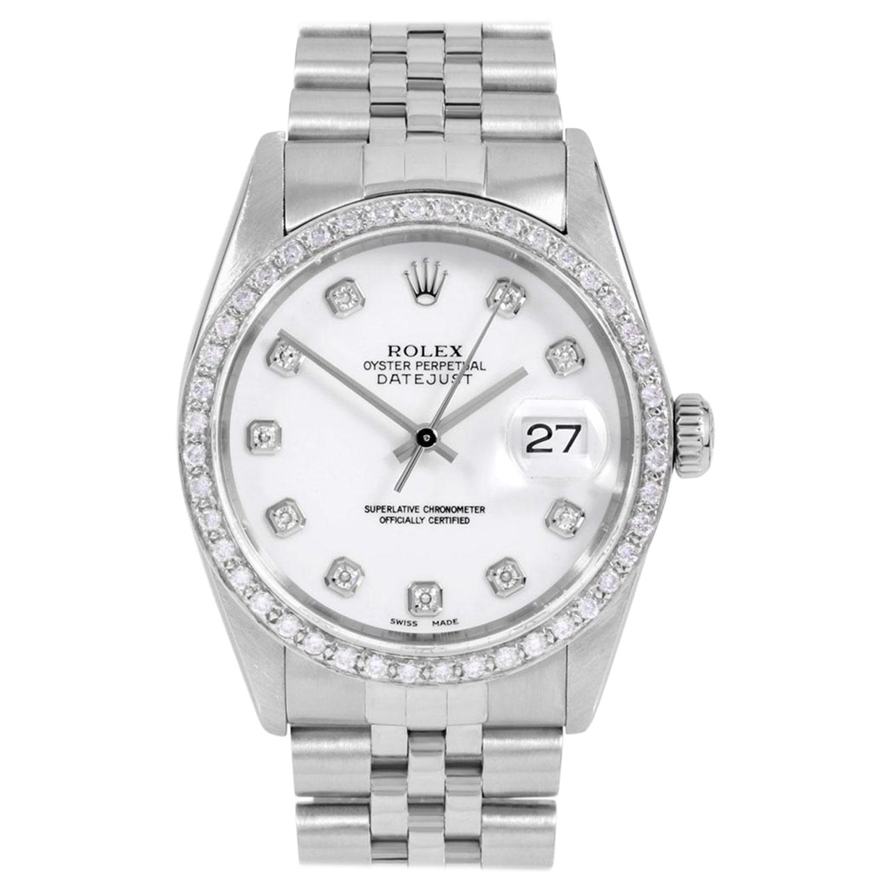 Rolex Mens Datejust White Diamond Dial Diamond Bezel Jubilee Watch For Sale