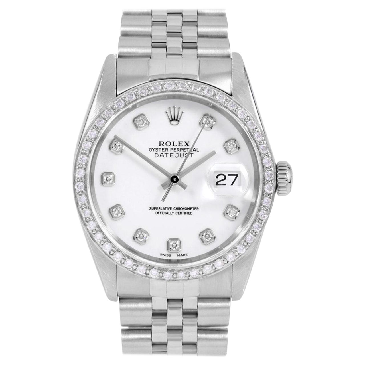 Rolex Montre Datejust avec cadran blanc et lunette en diamants, pour hommes 36 mm en vente