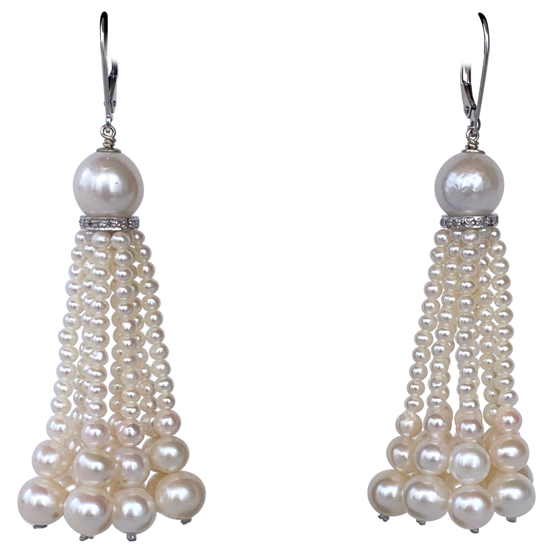 Marina J. Graduated Pearl Tassel Earrings with Diamond Encrusted 14k White Gold For Sale