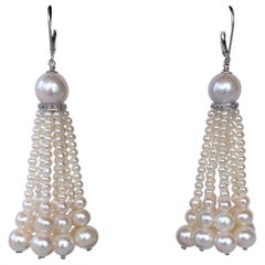 Marina J. Graduated Pearl Tassel Earrings with Diamond Encrusted 14k White Gold