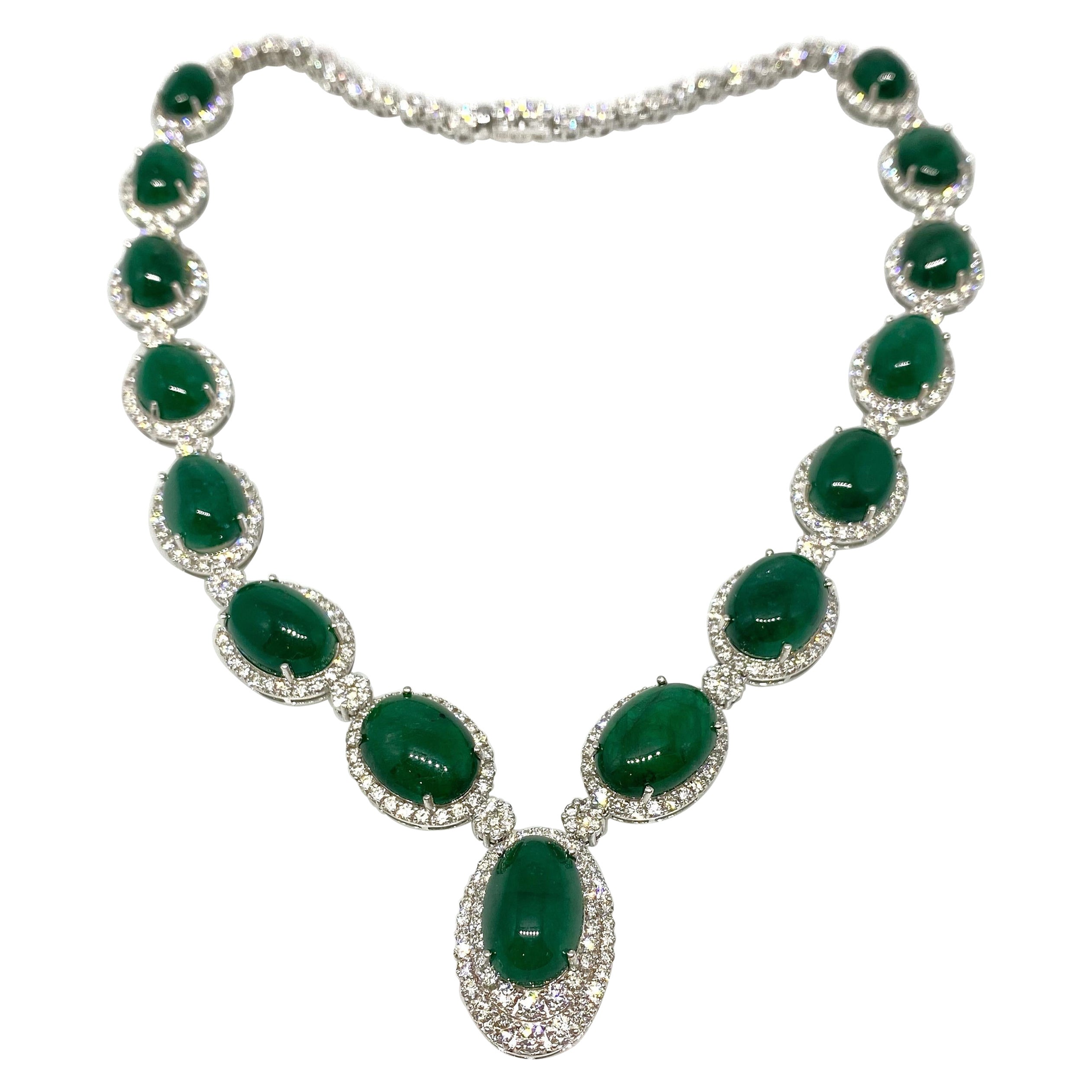 Cabochon Emerald and Diamond Necklace 100.00cttw in 18k White Gold For Sale