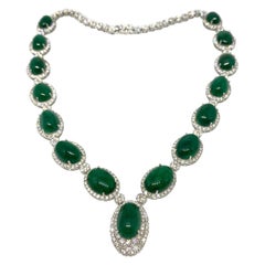 Cabochon Emerald and Diamond Necklace 100.00cttw in 18k White Gold