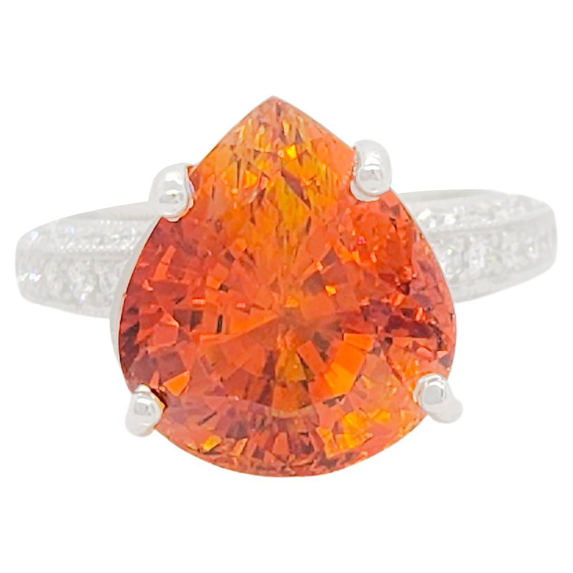 GIA Orange Sapphire Pear Shape and White Diamond Cocktail Ring in Platinum