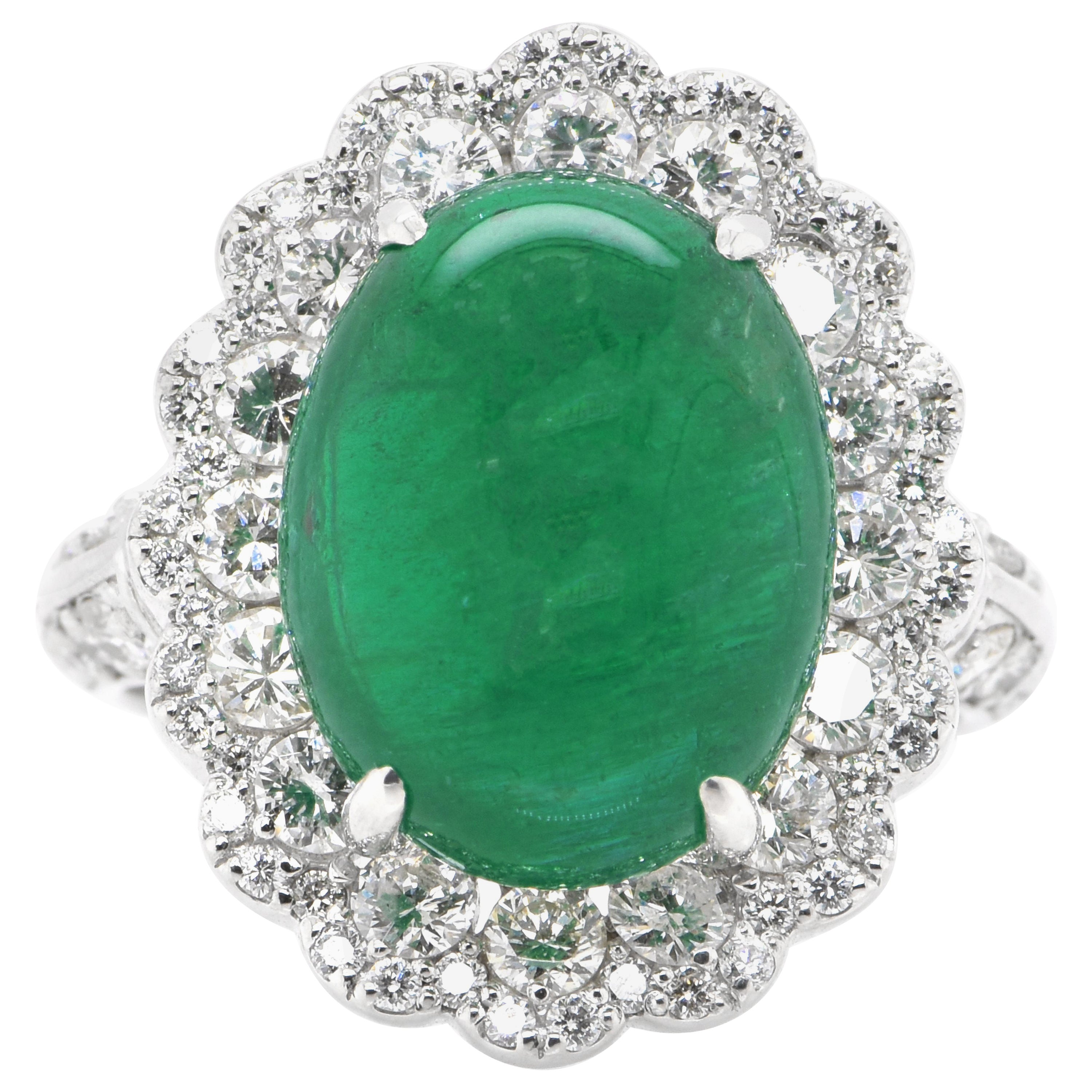 8.18 Carat Natural African Emerald Cabochon and Diamond Ring Set in Platinum For Sale