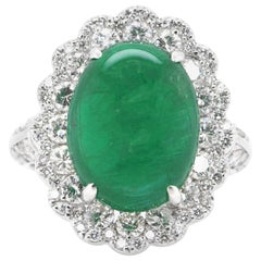 8.18 Carat Natural African Emerald Cabochon and Diamond Ring Set in Platinum