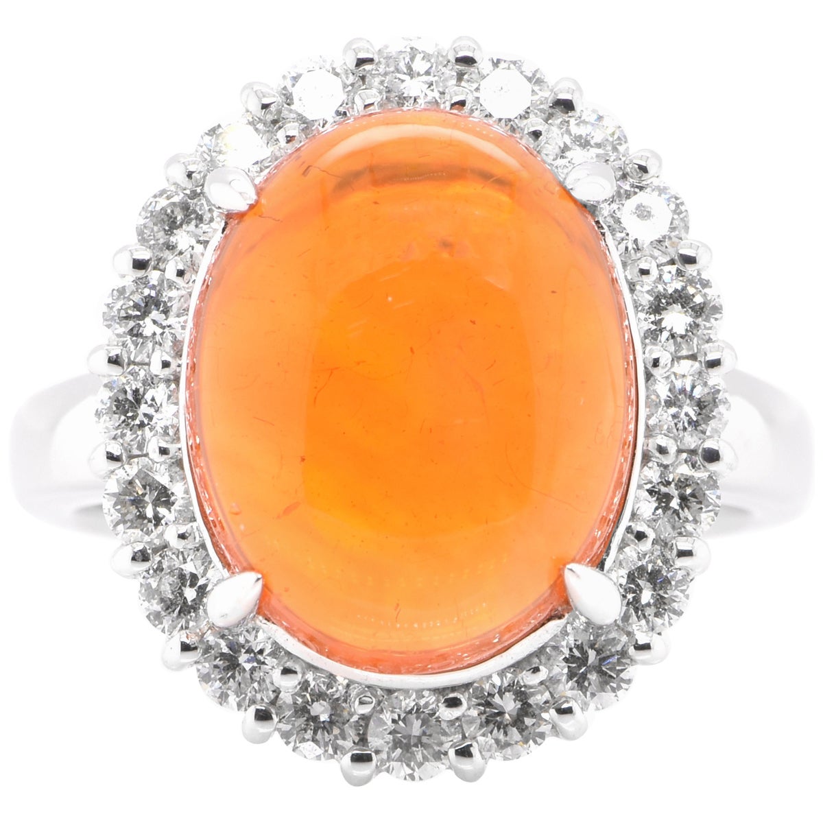 6.23 Carat Natural Mexican Fire Opal and Diamond Halo Ring Set in Platinum For Sale