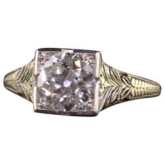 Antiker antiker Art Deco 14k Gelbgold filigraner alter Eurodiamant-Verlobungsring, GIA