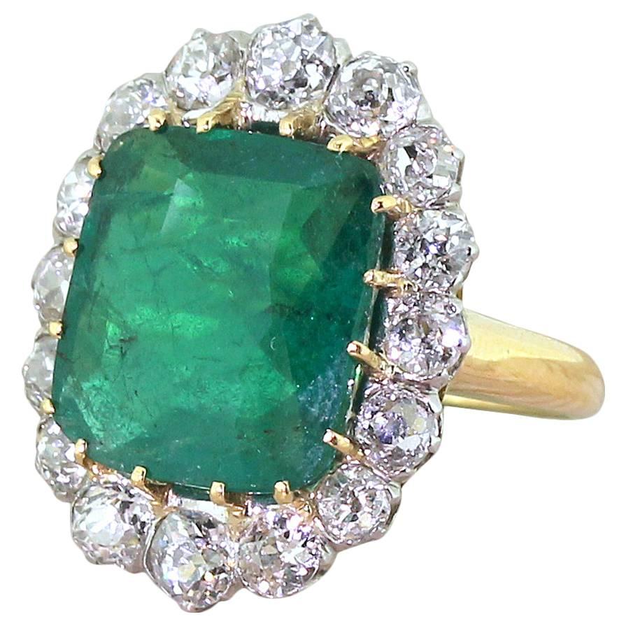 Art Deco 5.08 Carat Colombian Emerald Old Cut Diamond Platinum Cluster Ring For Sale