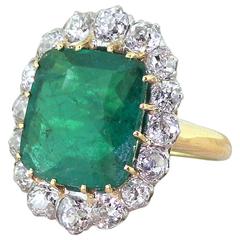 Art Deco 5.08 Carat Colombian Emerald Old Cut Diamond Platinum Cluster Ring