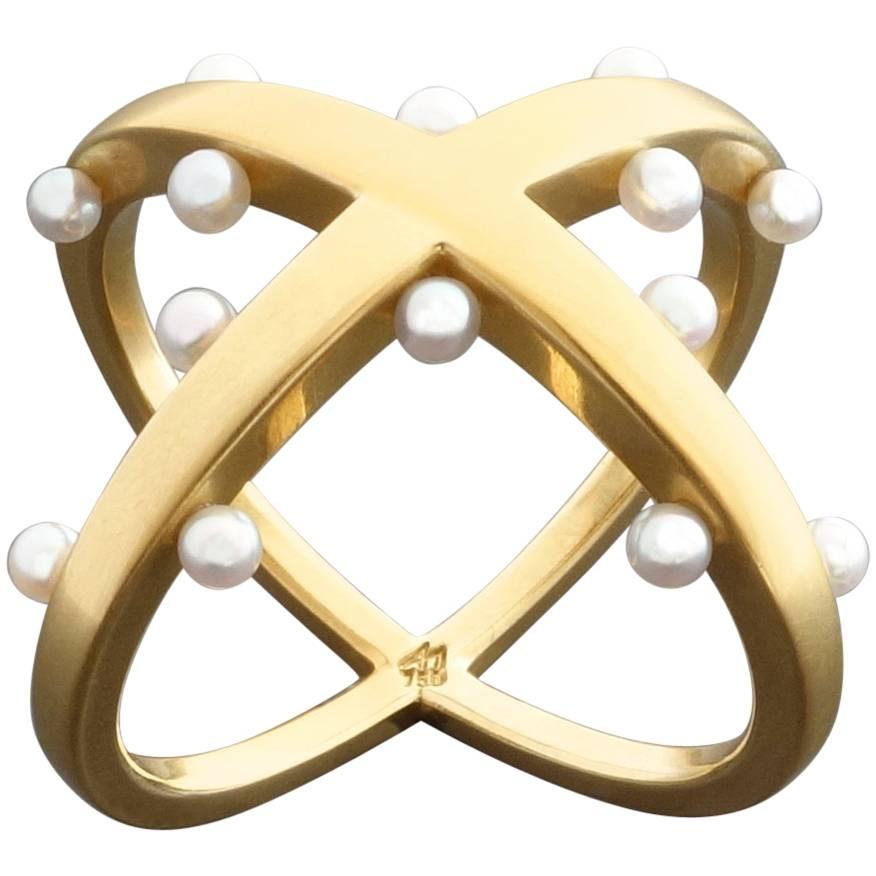 Angela Hubel 'Pearl Mesh' Pearl Gold Modernist Ring For Sale