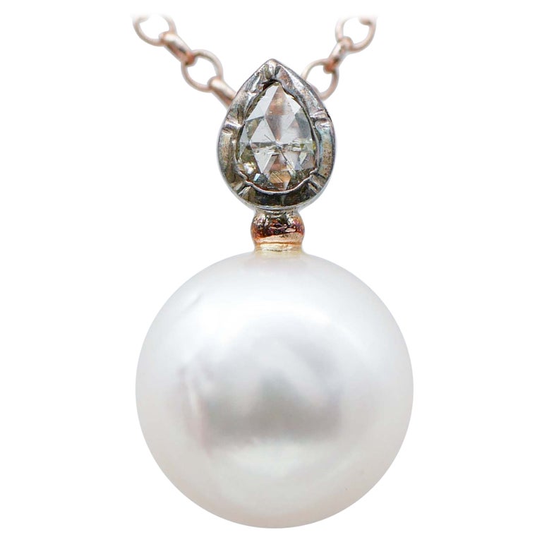Pearl, Diamonds, Rose Gold and Silver Pendant Necklace For Sale at 1stDibs