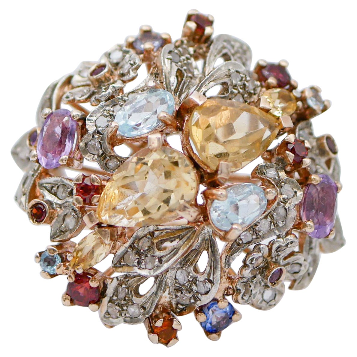 Topazs, Amethysts, Garnets, Diamonds, 14 Karat Rose Gold and Silver Ring For Sale