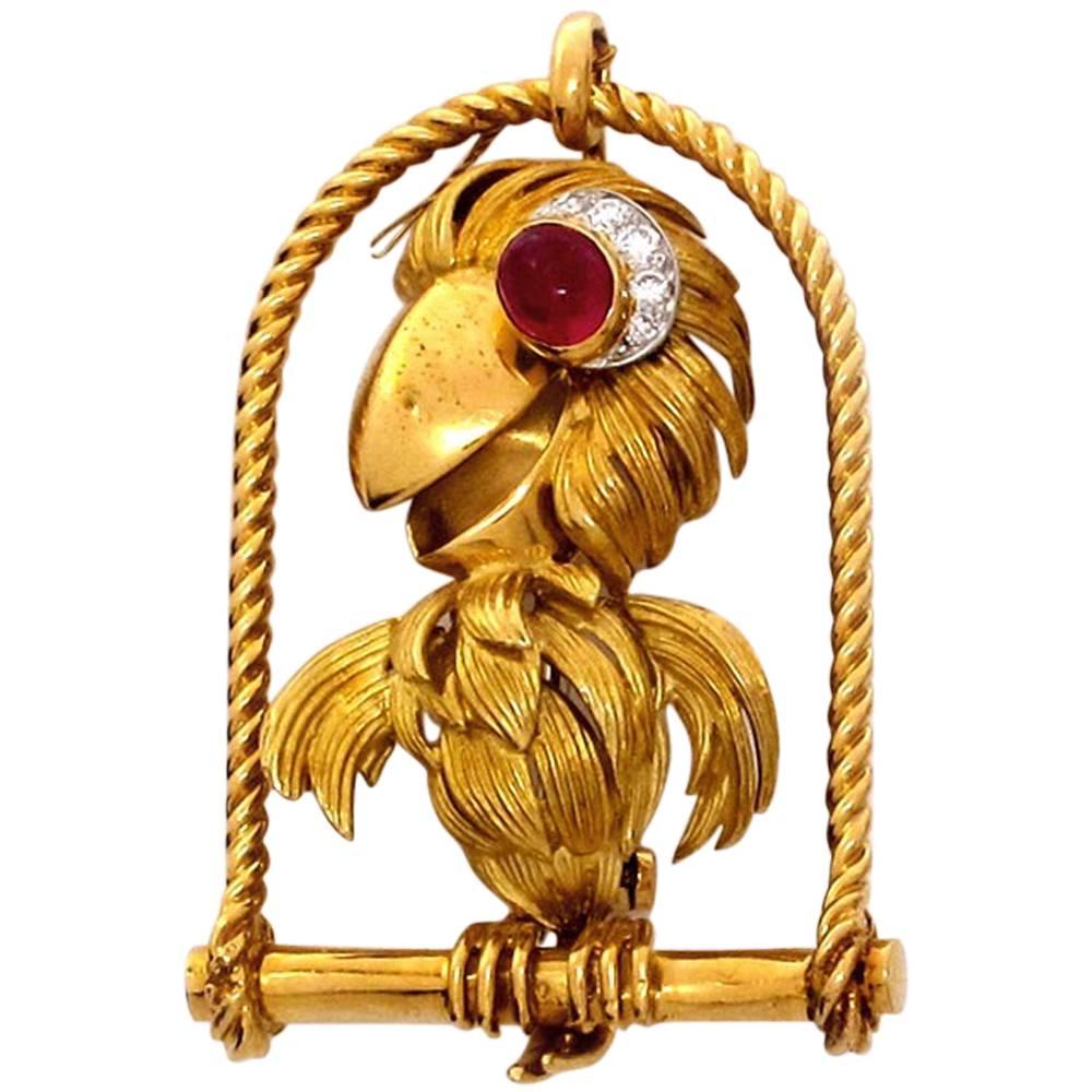 Ruby Diamond Gold Parrot Pendant Brooch For Sale