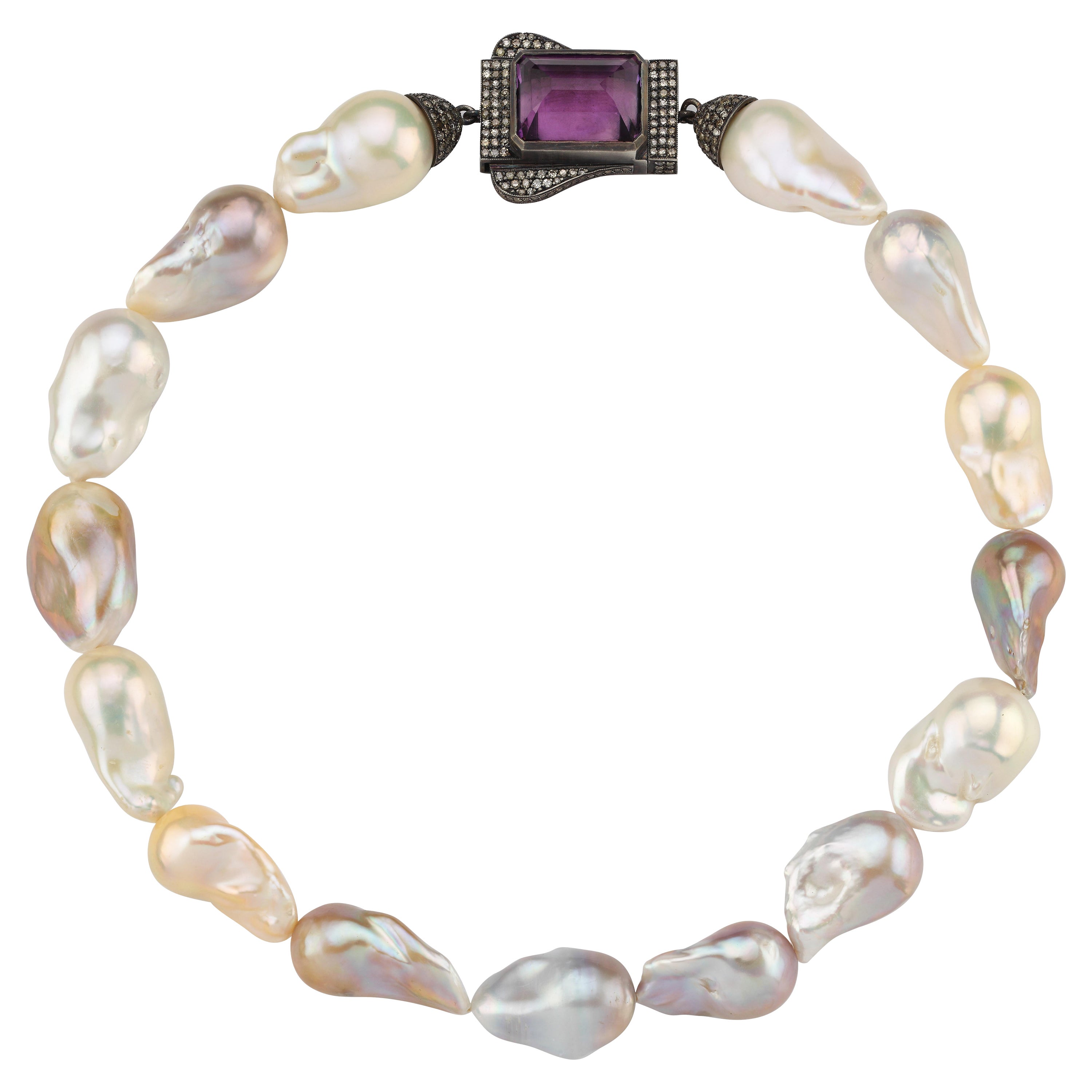 Natural Pearl Necklace with Champagne Diamonds and Amethyst For Sale