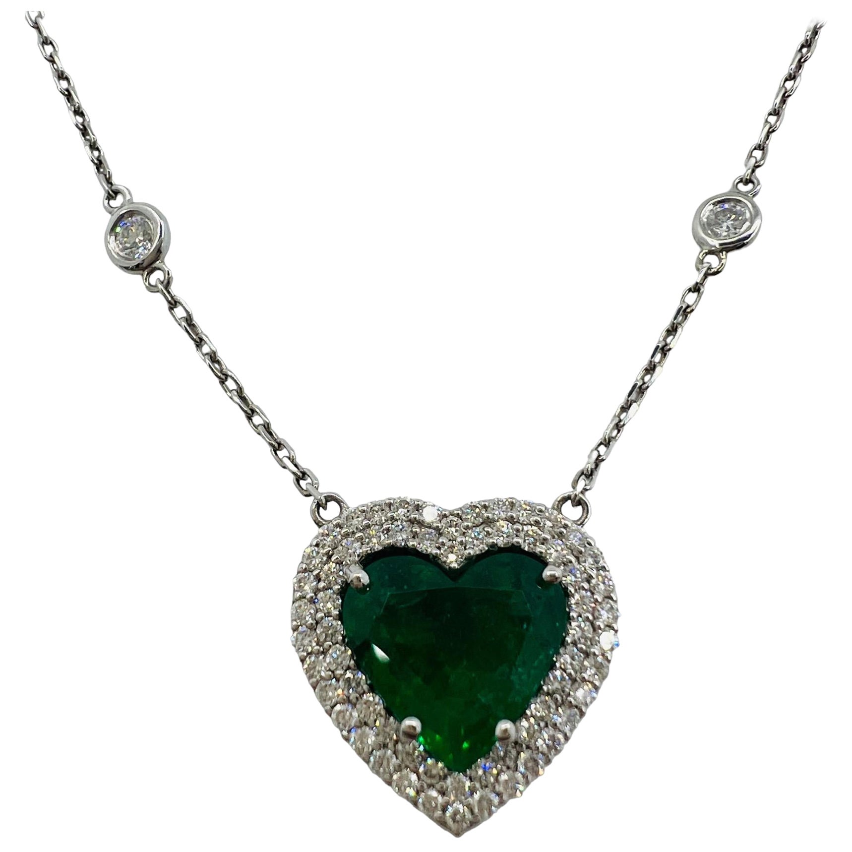 GIA Emerald Heart with Diamond Halo on Diamonds by the Yard White Gold Necklace For Sale
