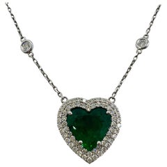 Antique GIA Emerald Heart with Diamond Halo on Diamonds by the Yard White Gold Necklace