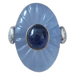 Art Deco Style Carved Chalcedony Blue Sapphire Cab Gold Diamonds Cocktail Ring