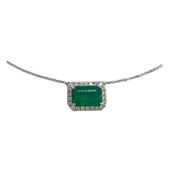 GIA Rectangular Emerald with Diamond Halo Necklace