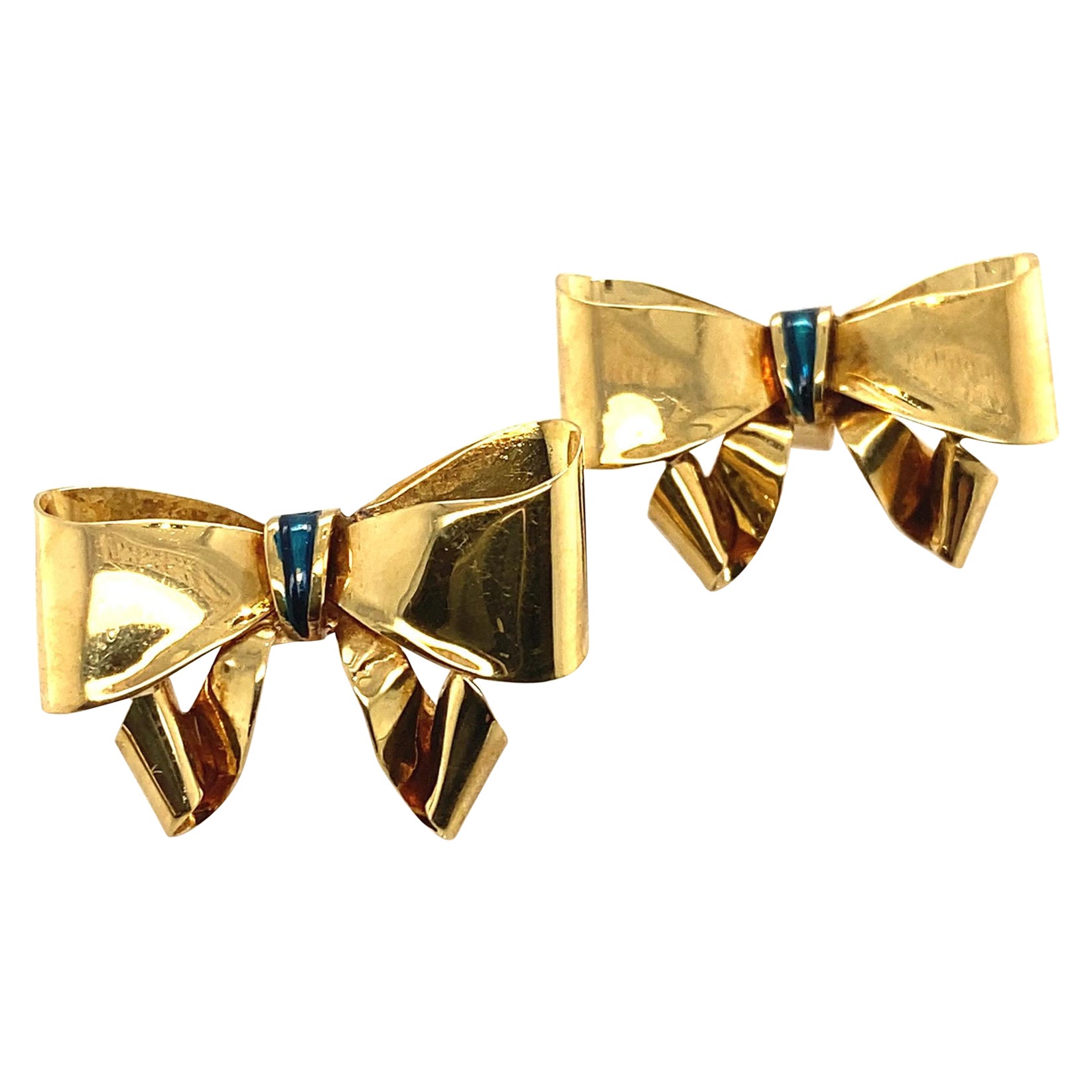 Vintage La Nouvelle Bagues 18 Karat Yellow Gold Bow Earrings with Green Enamel