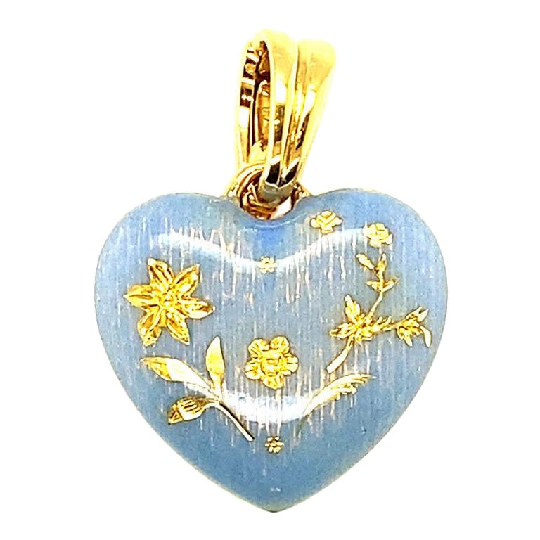 Faberge 18 Karat Yellow Gold and Perriwinkle Blue Enamel Heart Pendant Charm