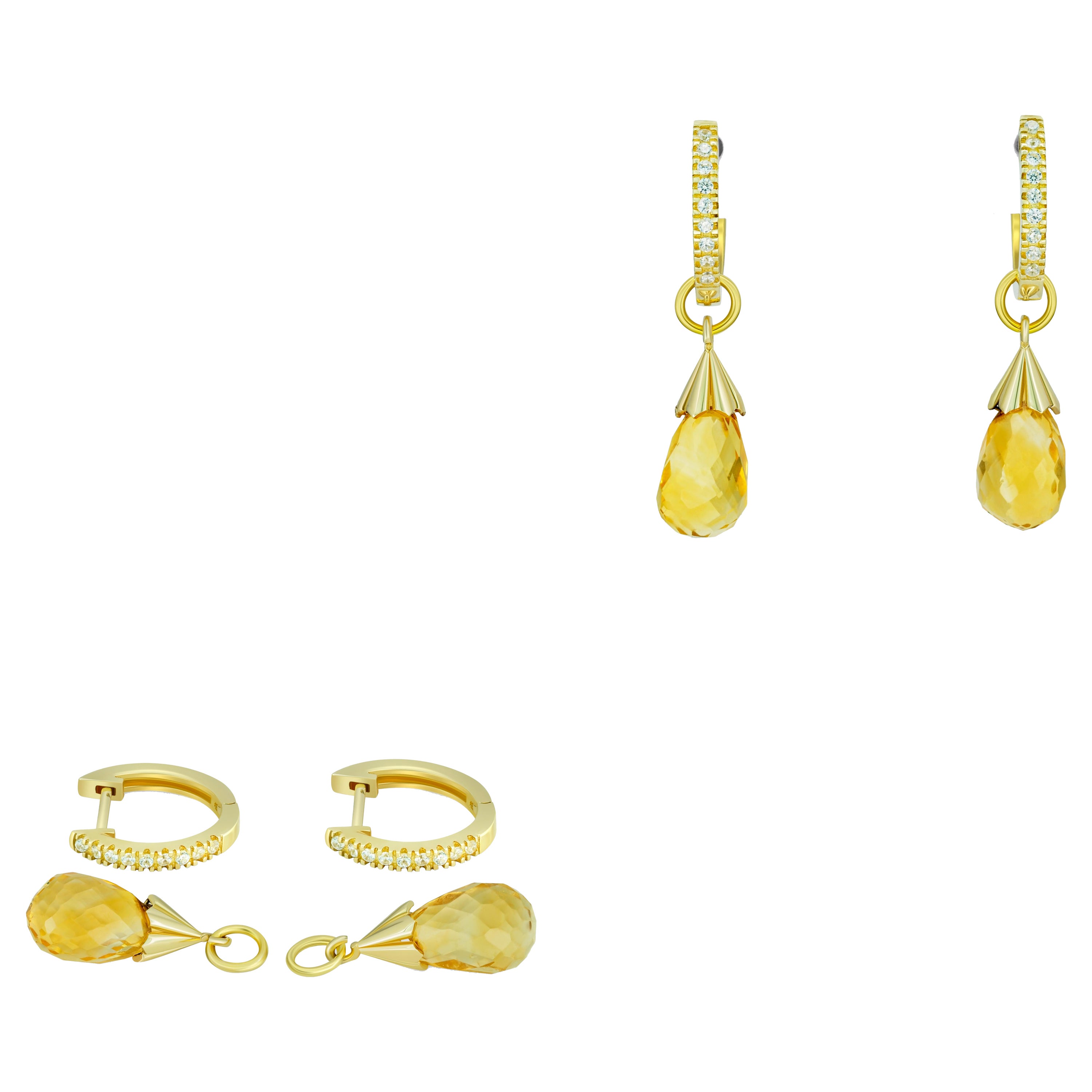 Diamond Hoop Earrings and Citrine Briolette Charms in 14k Gold For Sale