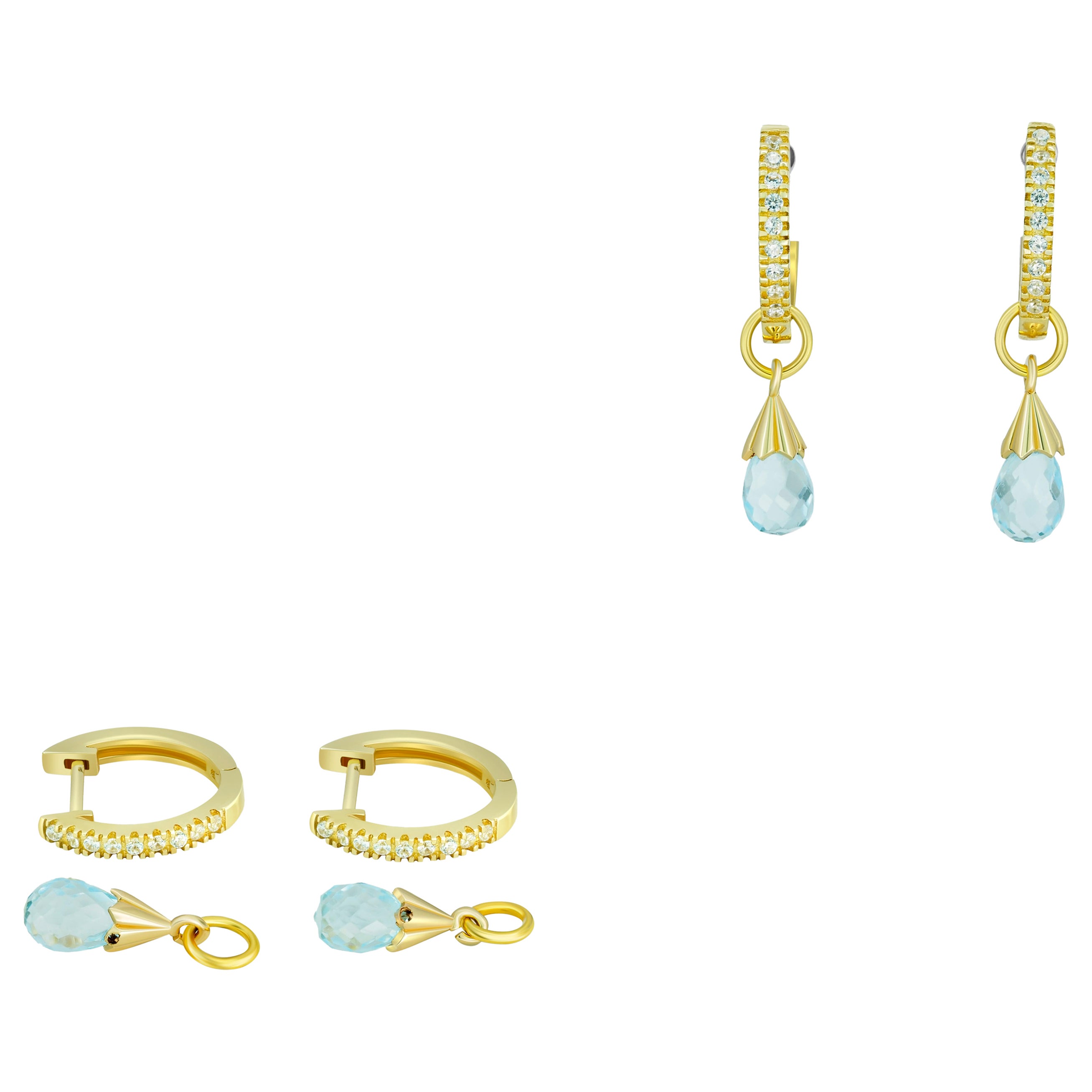 Diamond Hoop Earrings and Topaz Briolette Charms in 14k Gold For Sale