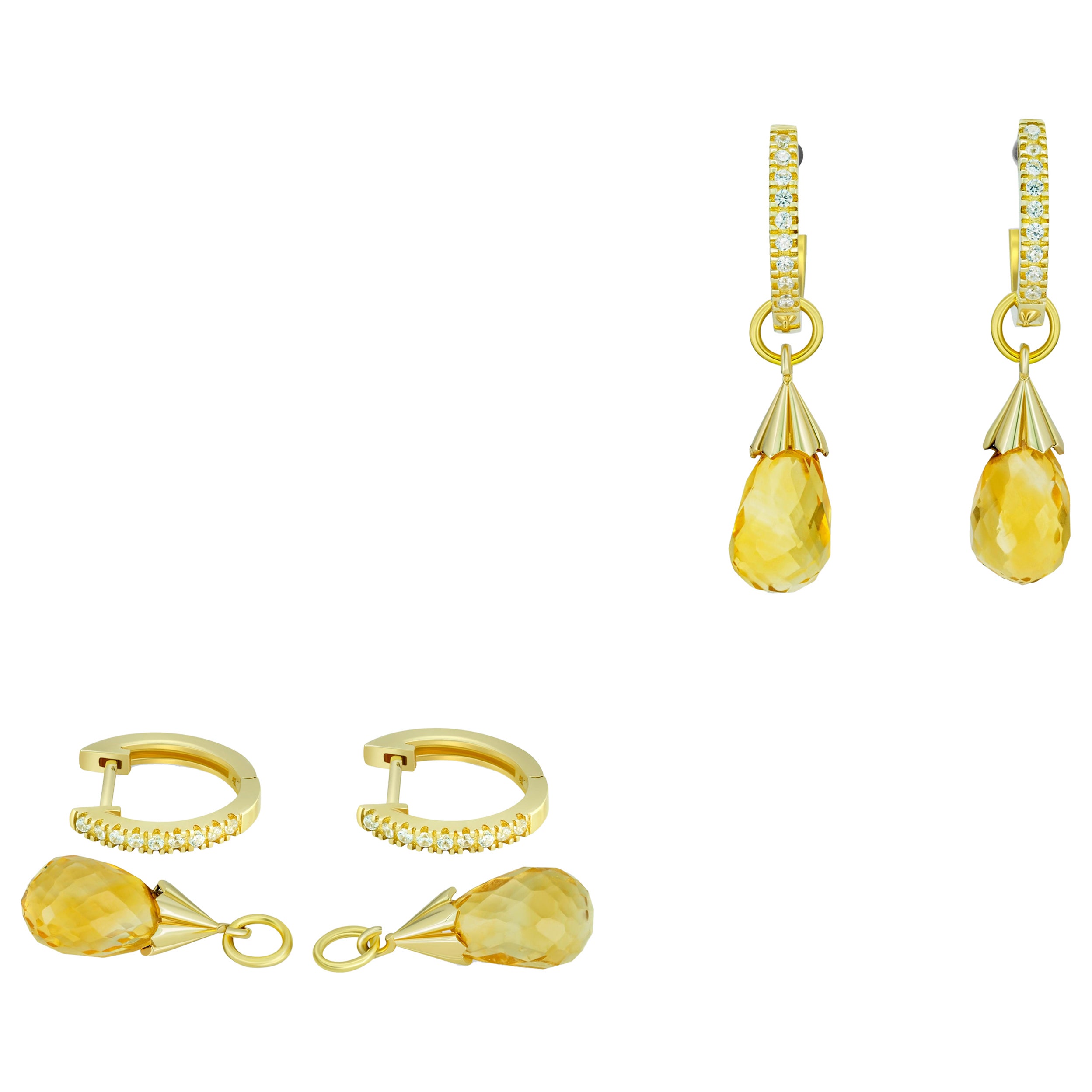 Hoop Earrings and Citrine Briolette Charms in 14k Gold For Sale